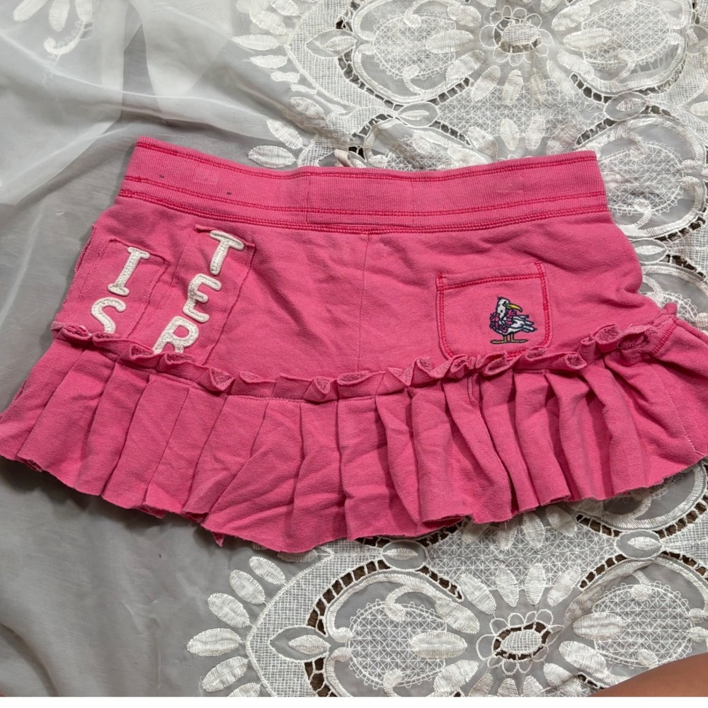 RARE Y2K Hollister Pink Fleece Ruffle Mini Skirt Logo Drawstring Skirt S - Picture 2 of 6